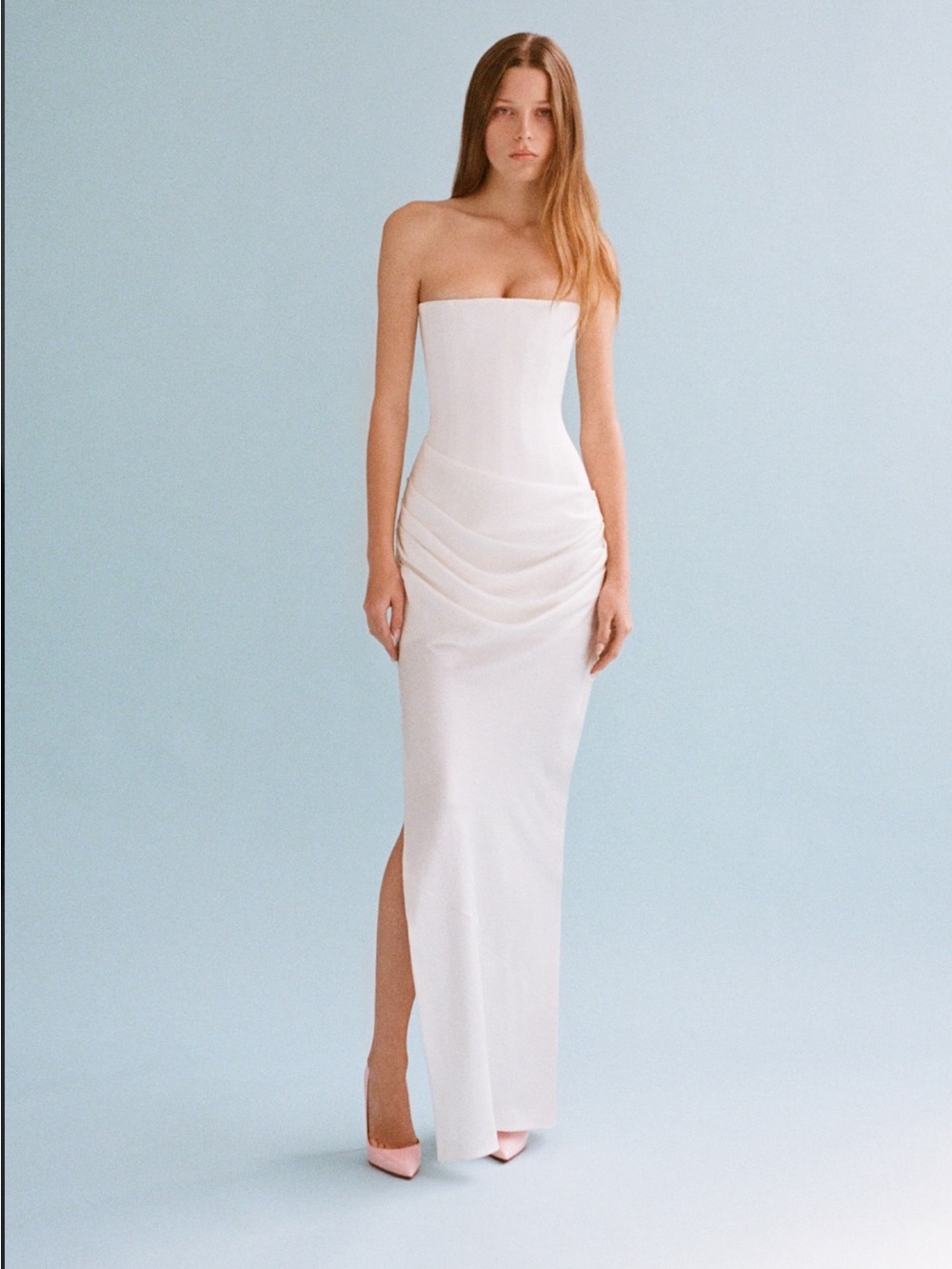 Alex Perry Strapless White Column Gown with Draped Waist